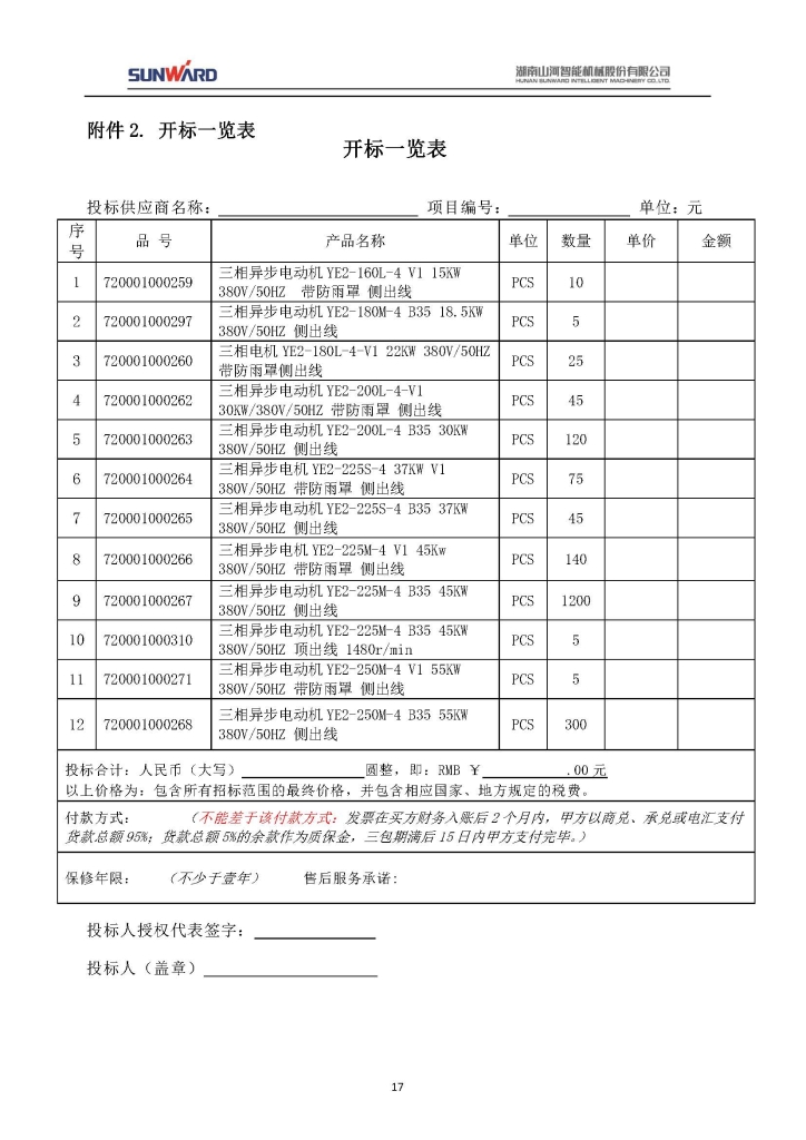 山河智能裝備股份有限公司三相異步電動(dòng)機(jī)采購項(xiàng)目