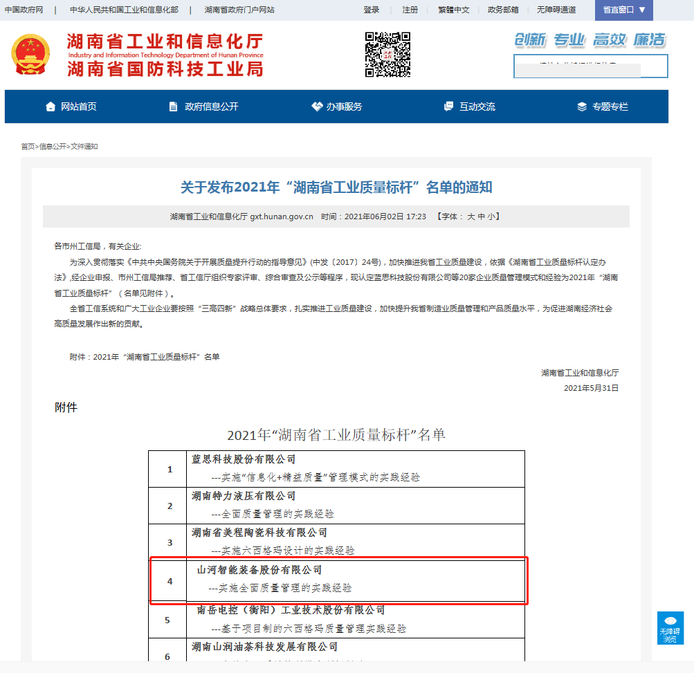 山河智能榮獲湖南省工業(yè)質(zhì)量標(biāo)桿企業(yè)